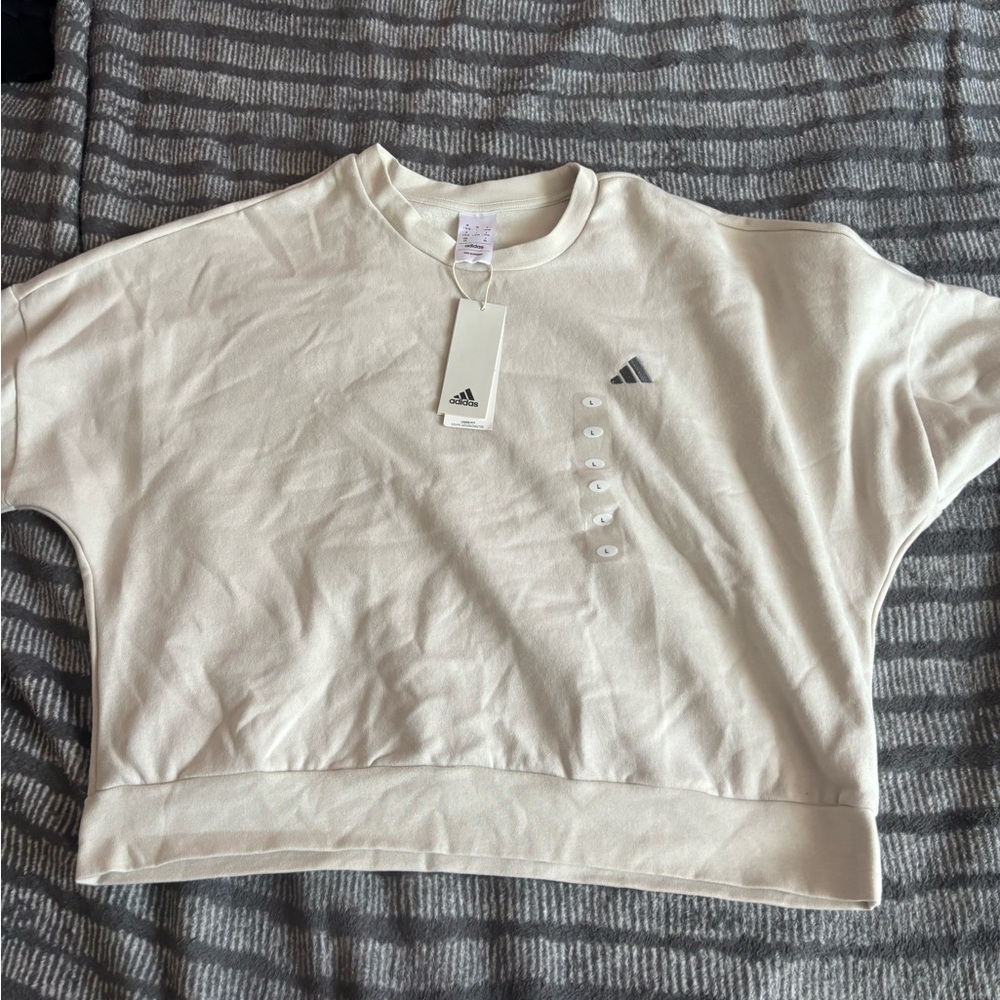 Adidas Cream Cropped Fleece Lined Crewneck
